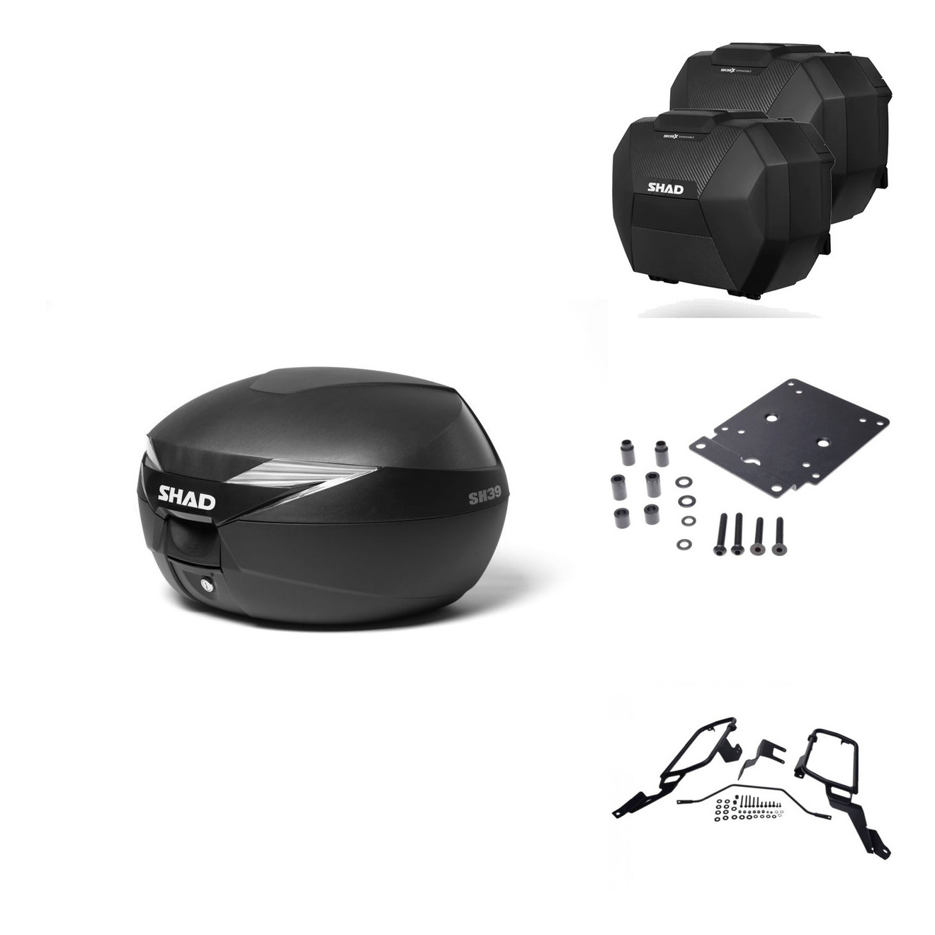 Tudetic Sh38x Carbon Luggage Set with 4P Bracket and KIT-573891 for BMW F650GS/F700GS/F800GS 2008-2018, lockable motorcycle trunk made of ABS plastic, expandable for helmet storage.