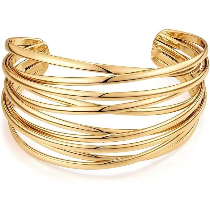 Brazalete Dorado Mujer Abierto, Hipoalergénico No Se Decolora, Diseño Moderno De Tiras Pulidas, Regalo Para Boda Fiesta Cumpleaños y Uso Diario