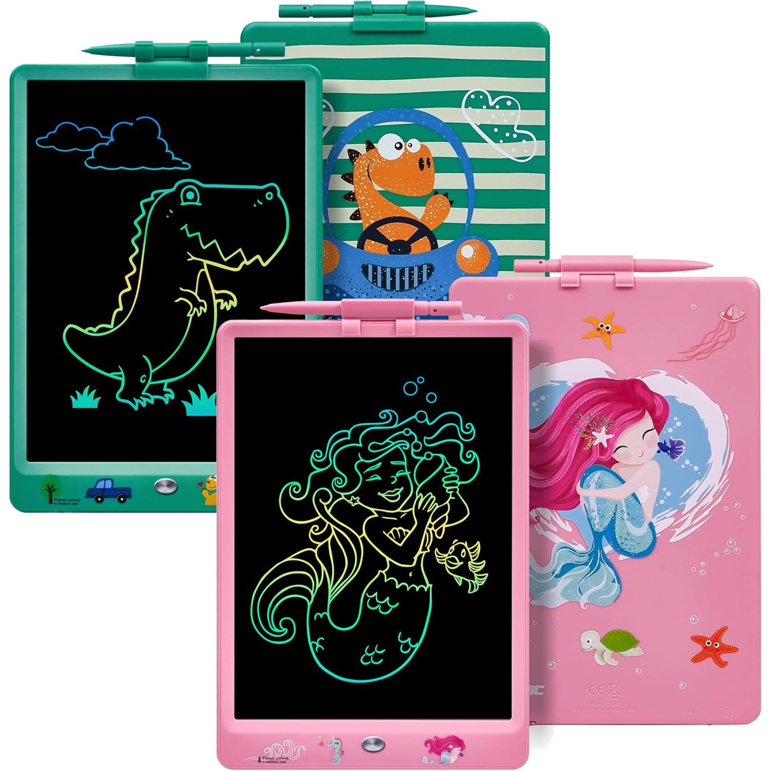 DYNASONIC DYNA-PM Pizarra Escritura LCD Color de 10 Pulgadas para niños. Pizarra magnética para Dibujar. Juguete Educativo. Regalo para niño. Pizarra Infantil (Flamenco Dinosaurio)