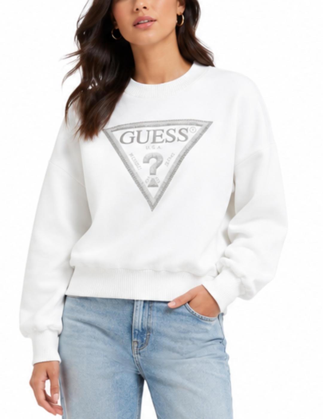 Sudadera Guess Triangle blanco sin capucha para mujer