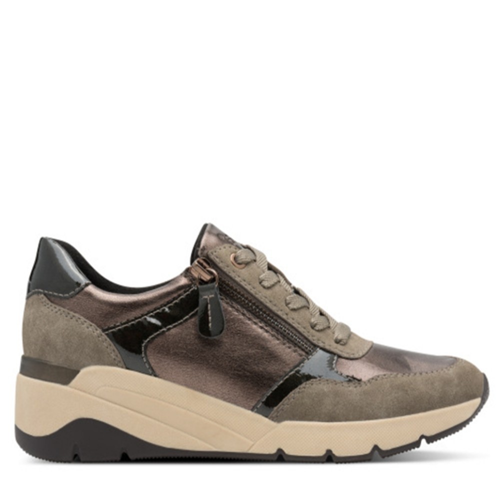 Cómoda  Zapatilla vegano Jana 23763 taupe metalizado, con ajuste de cremallera y cordón, plantilla extraíble Cuña ligera y antideslizante para máxima comodidad y estilo Altura Tacón bajo (3-5 cm) Referencia 23763-45-349