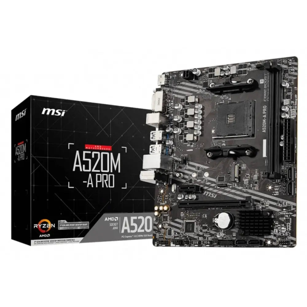 MSI - Placa Base A520M-A PRO para procesadores AMD Ryzen 5000/4000/3000, compatible con DDR4 hasta 4600 MHz OC, M.2 NVMe Gen3 x4, diseño m-ATX (23.6 x 20.0 cm), PCB de cobre de 2 oz y audio HD 7.1