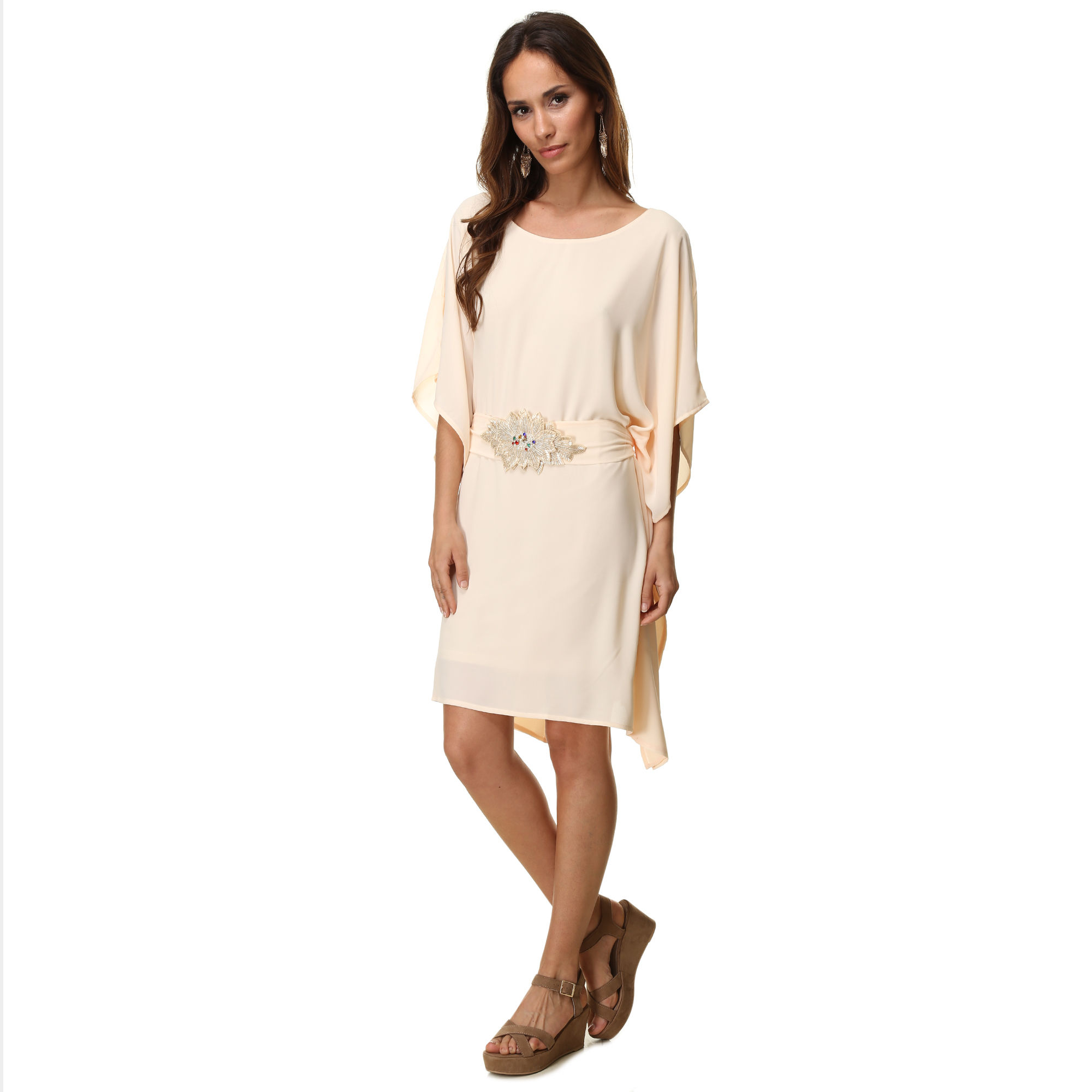 Vestido Marca ANANY fluido para mujer de poliéster 100 % con cinturón decorativo de abalorios, ideal para bodas, comuniones y eventos elegantes- REF: AN-190142