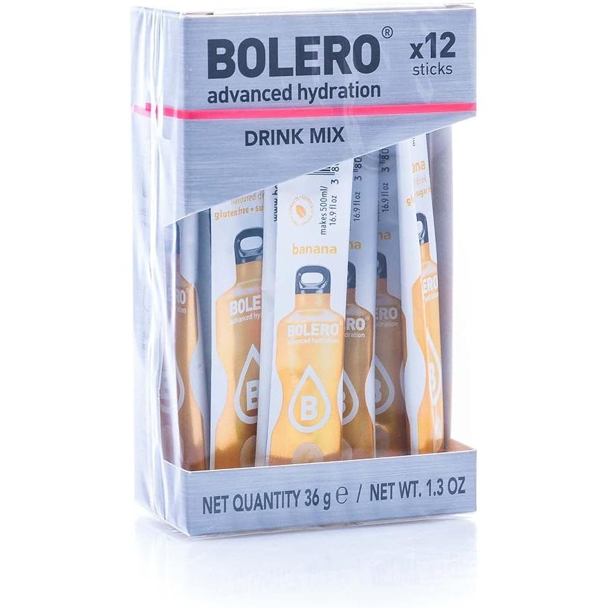 Bolero Sticks Sabor Plátano, Caja de 12x3g. Bebida instantánea sin azúcar, baja en calorías y con Stevia para una hidratación avanzada con un delicioso sabor.