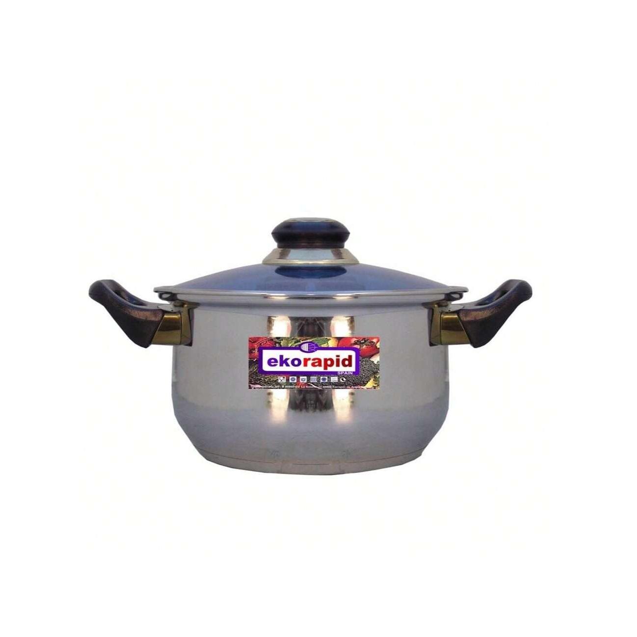 Olla de acero inoxidable ekorapid con asas efecto madera y tapa|Fondo térmico reforzado|Apta para gas, inducción y vitrocerámica|Ideal para sopas, guisos y cocina diaria