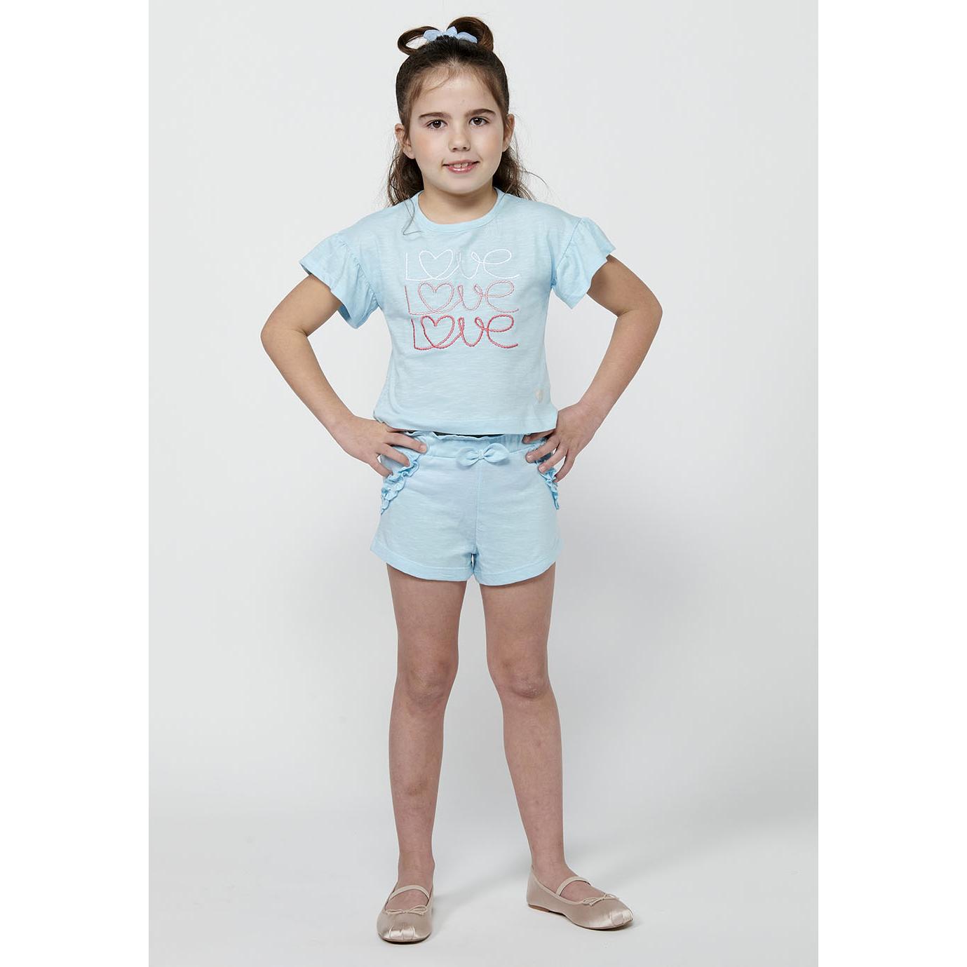 Koroshi - Conjunto niña camiseta y pantalón corto azul de algodón 95% con elastano, cintura engomada y estampado delantero para juego, cole o paseo