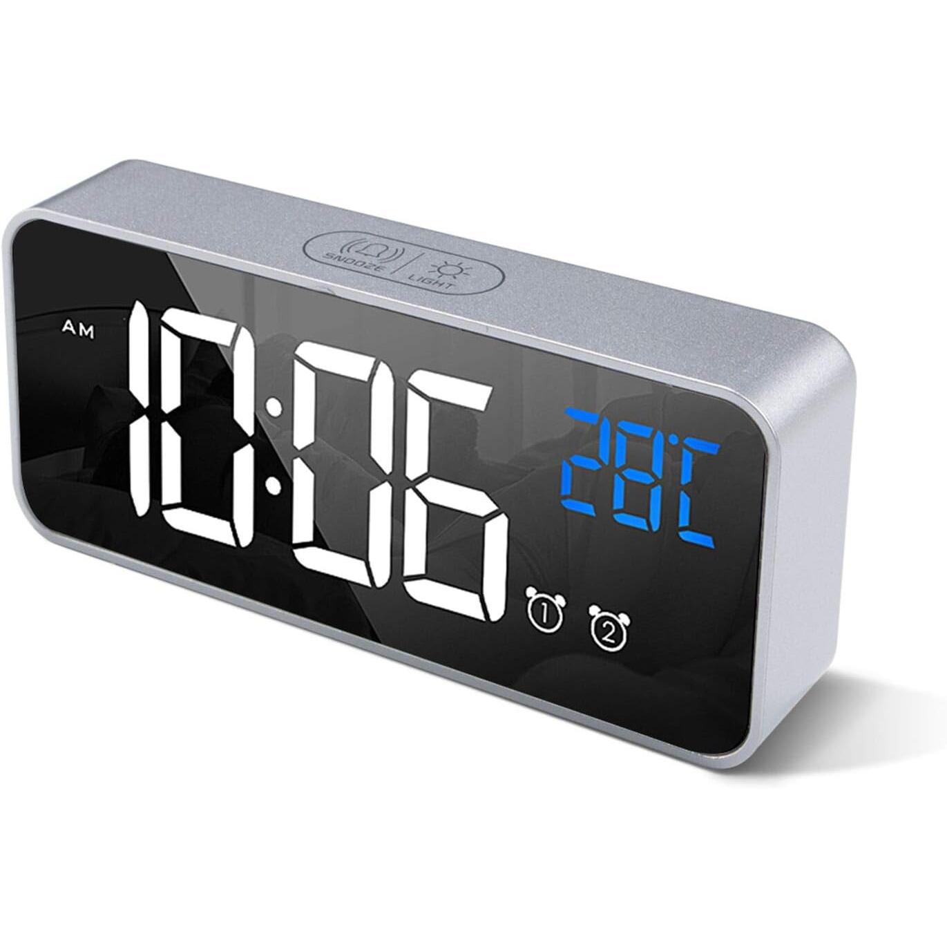 Reloj Despertador Digital con Pantalla LED de Temperatura, Alarma de Espejo Portátil con Alarma Doble Tiempo de Repetición 4 Niveles de Brillo Regulable 10 Música Despertadores Digitales