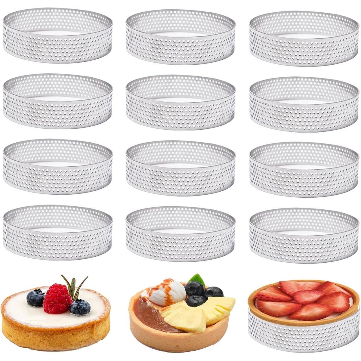 Moldes para tartaletas de mousse - 12 piezas de acero inoxidable de 8 cm - aros para tartaletas de mousse con agujeros - moldes para hornear tartaletas - bandeja para hornear - para pasteles, quiches y muffins - 12 piezas (B)