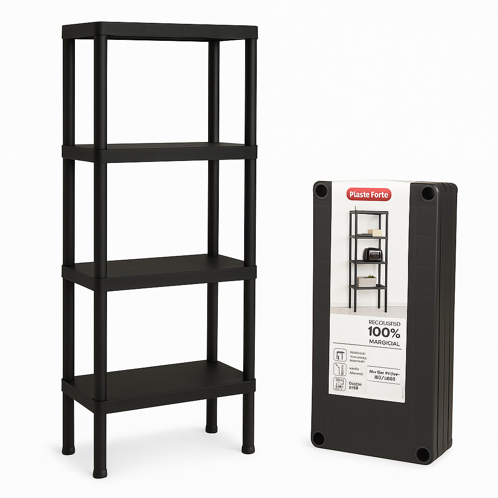 Estantería PLASTIC FORT   Beige- negro  de 4 Baldas, Polipropileno PP, para Garaje, Cocina, Despensa, Terraza, Oficina y Trastero