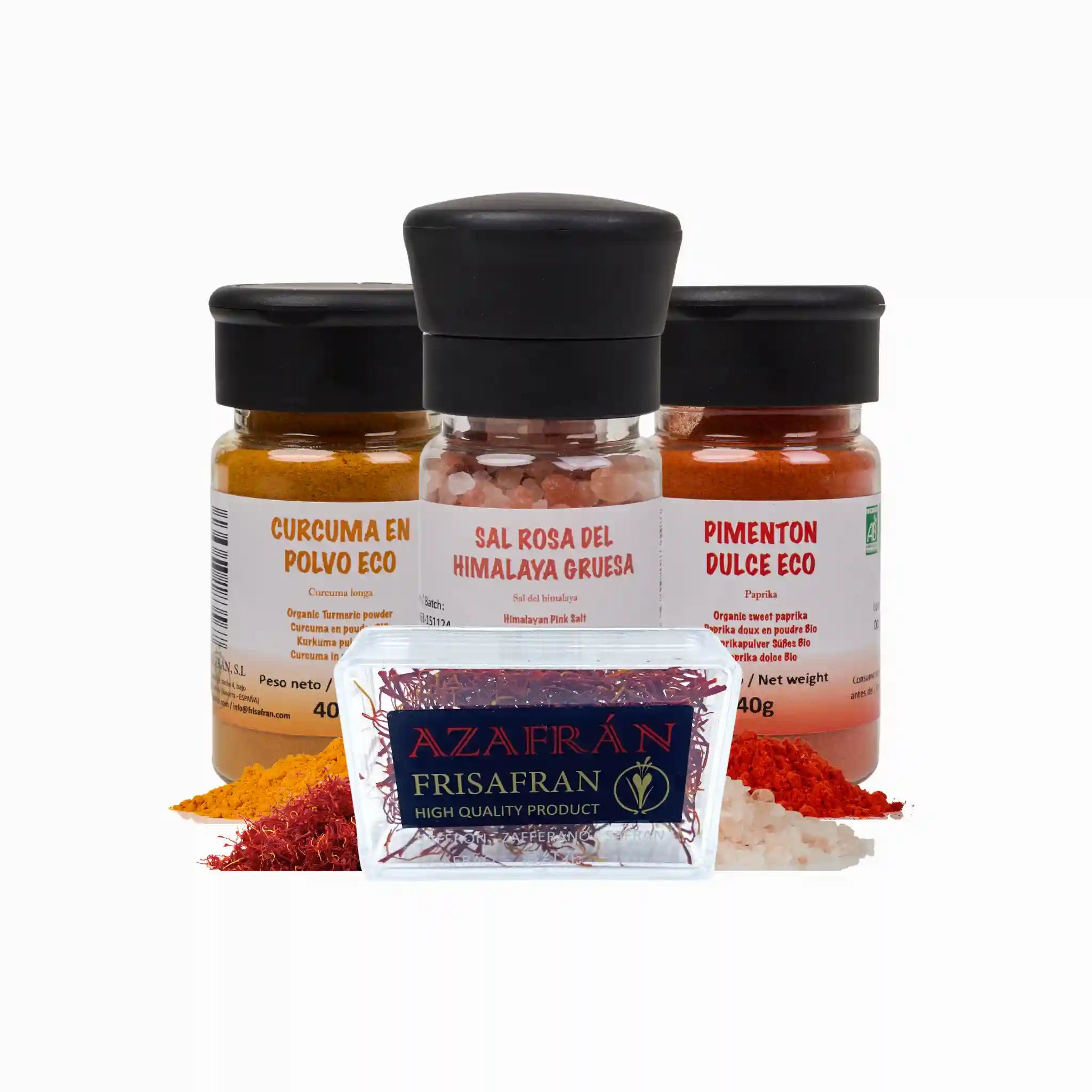 Pack de Especias para Paella: Azafrán en Hebra, Cúrcuma, Pimentón y Sal Rosa 100% Natural - FRISAFRAN