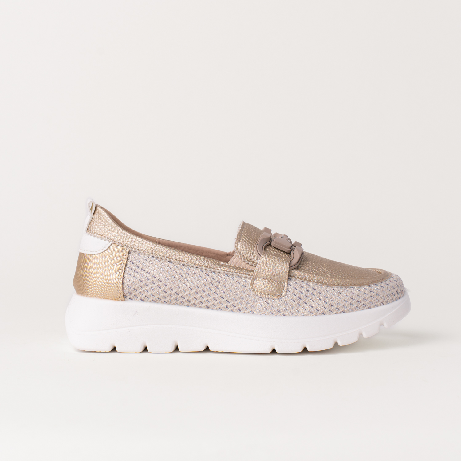 Mysoft 25M269 Mocasines de mujer metalizados tejido combinado