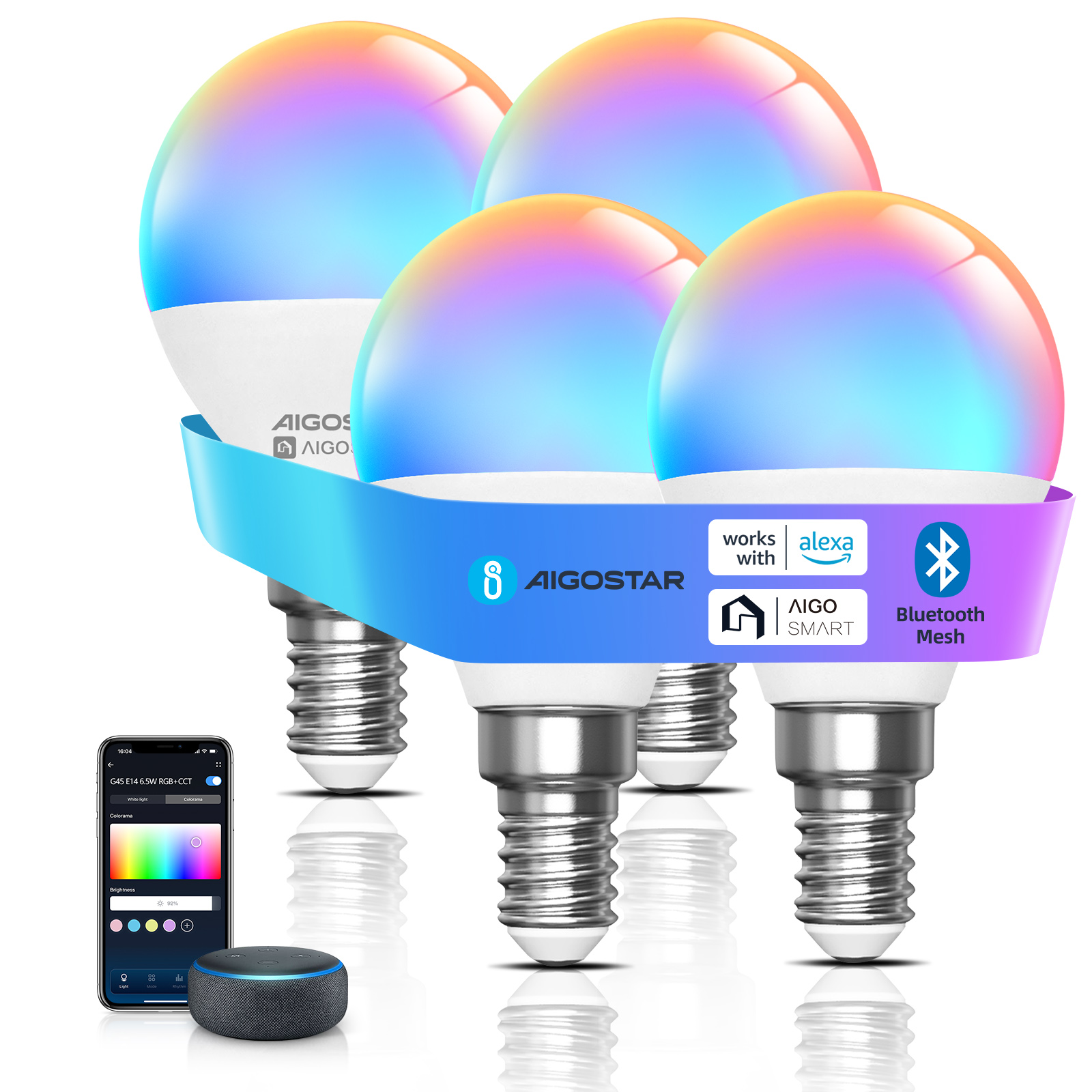 Aigostar Mesh- Bombilla inteligente Bluetooth Mesh, A60. 2700K-6500K y RGB regulable, E27, 9W. Bombilla LED inteligente compatible con Alexa y Google Home. Incluye mando a distancia. 6Uds
