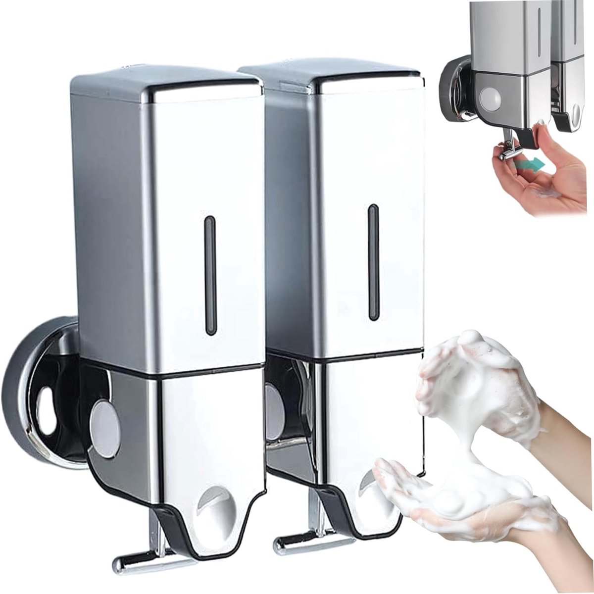 Dispensador de jabón de pared - Bomba de jabón pequeña - Pared - 2 x 500 ml - Acero inoxidable - Recargable - Dispensador de champú - Dispensador de jabón colgante - Bomba de jabón - Fácil de instalar - Dispensador de ducha y loción para el hogar, baño, c