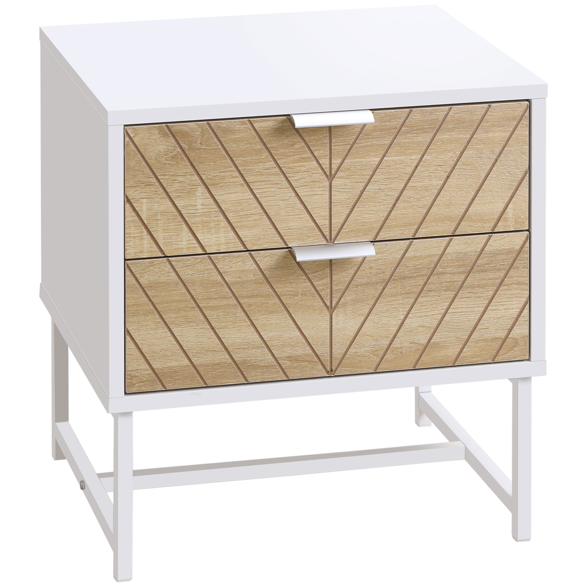 Homcom Mesilla De Noche Con 2 Cajones Mesita De Noche Con Patas De Acero Gabinete De Noche Para Salón Dormitorio Cama 45X39X48 Cm Blanco Y Roble