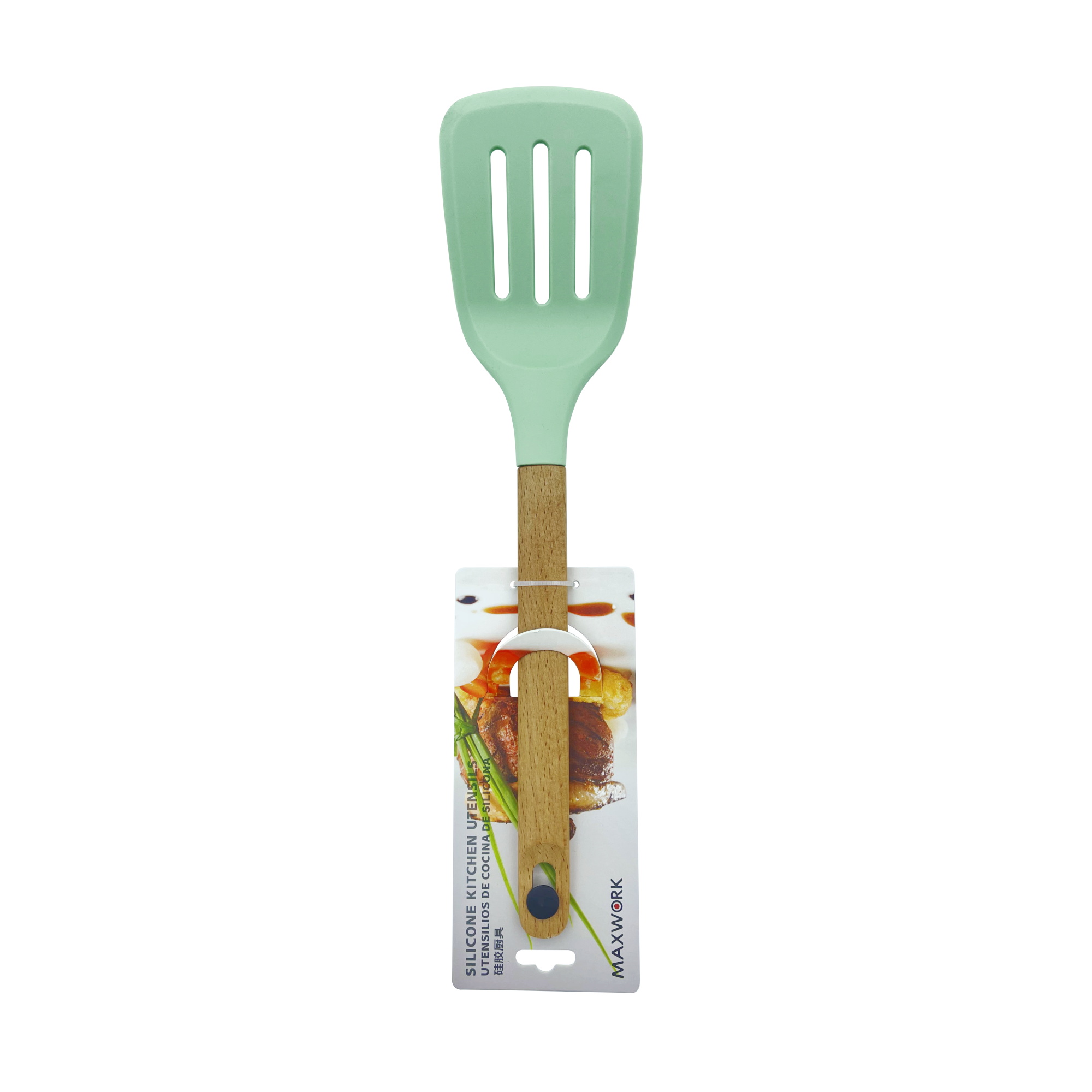 MAXWORK Espátula ranurada de silicona 36 cm, con mango madera, resistente al calor, utensilio de cocina