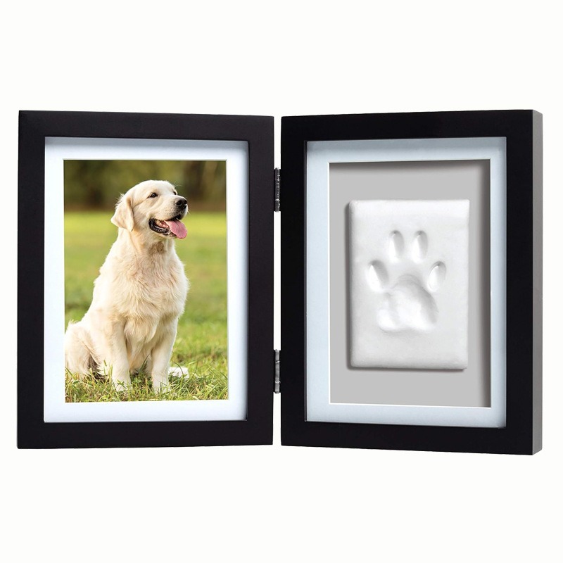 Marco de fotos conmemorativo con huella de pata de perro o gato con kit de molde de huella de pata de mascota, foto de huella de pata de mascota, marco blanco, arcilla, (1 pieza)