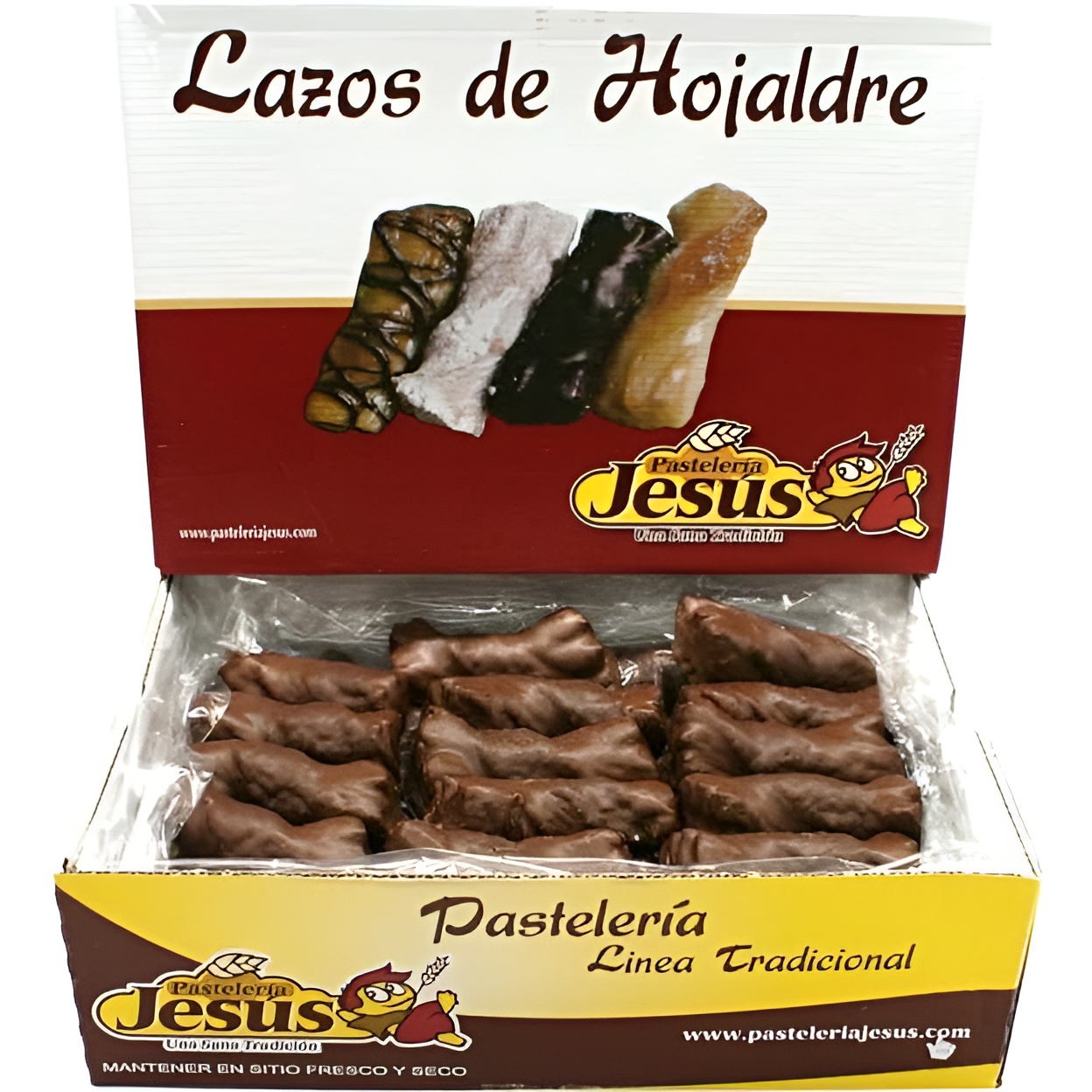 Lazos Hojaldre Bombon Jesús - galletas artesanas de hojaldre fino con cobertura completa de chocolate suave, caja de 2,5 kilos para HORECA