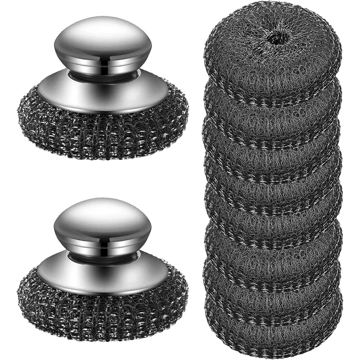 Cepillo para platos - Cepillo de cocina para platos - 2 cepillos para platos con mango - 8 esponjas lavables de acero inoxidable - Reutilizable y lavable - Herramienta de limpieza - para ollas, sartenes, parrillas, fregadero