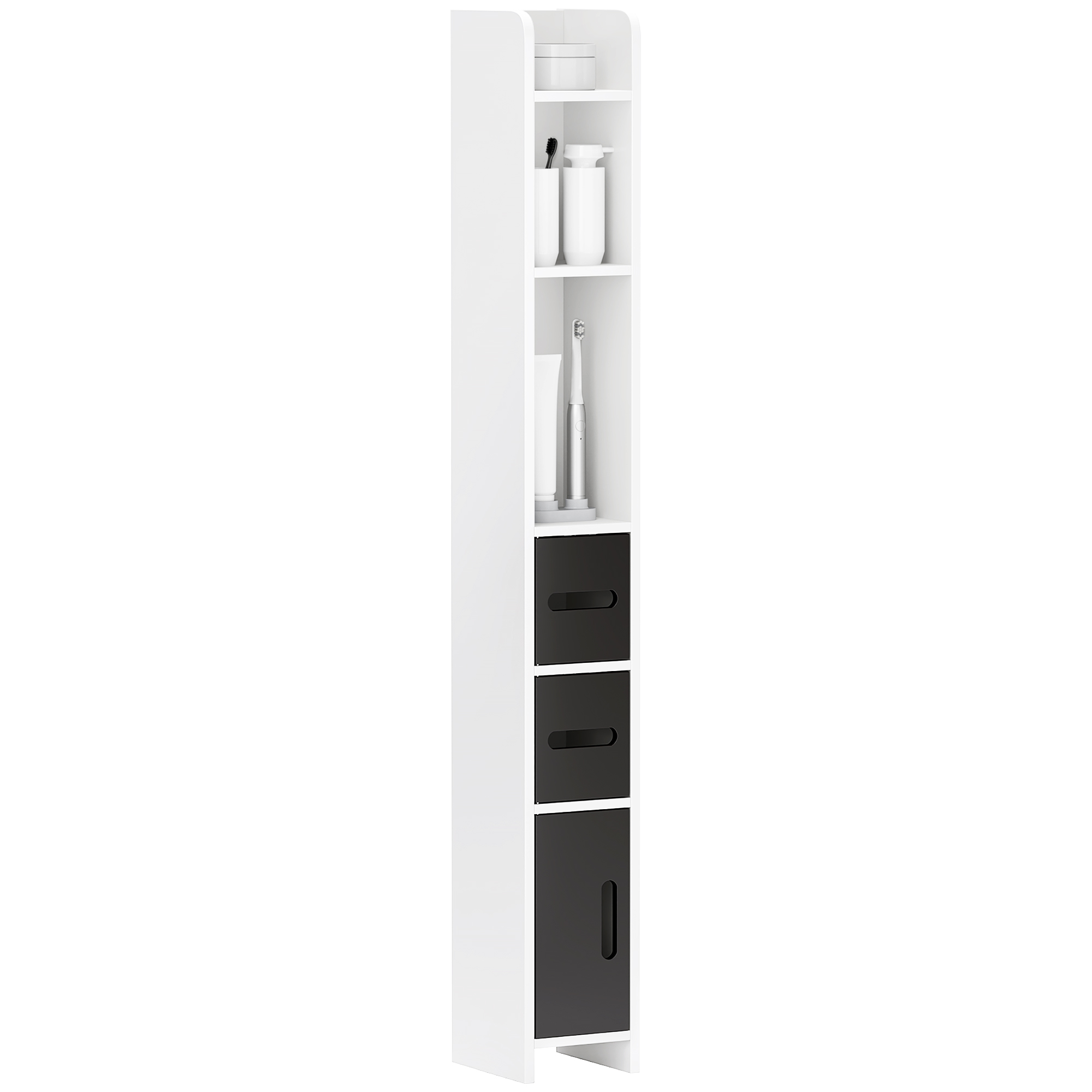 kleankin Armario Alto de Baño Columna de Baño con 3 Puertas 3 Estantes Abiertos y Sistema Antivuelco Armario de Baño Estilo Moderno 15x17x120 cm Blanco