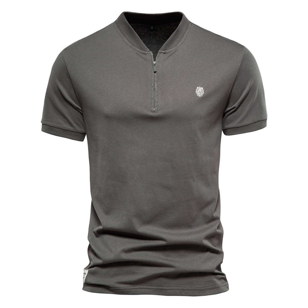 TK Nueva camiseta de manga corta de algodón puro con cuello en V y cremallera para hombre, camiseta deportiva bordada de color sólido para hombre