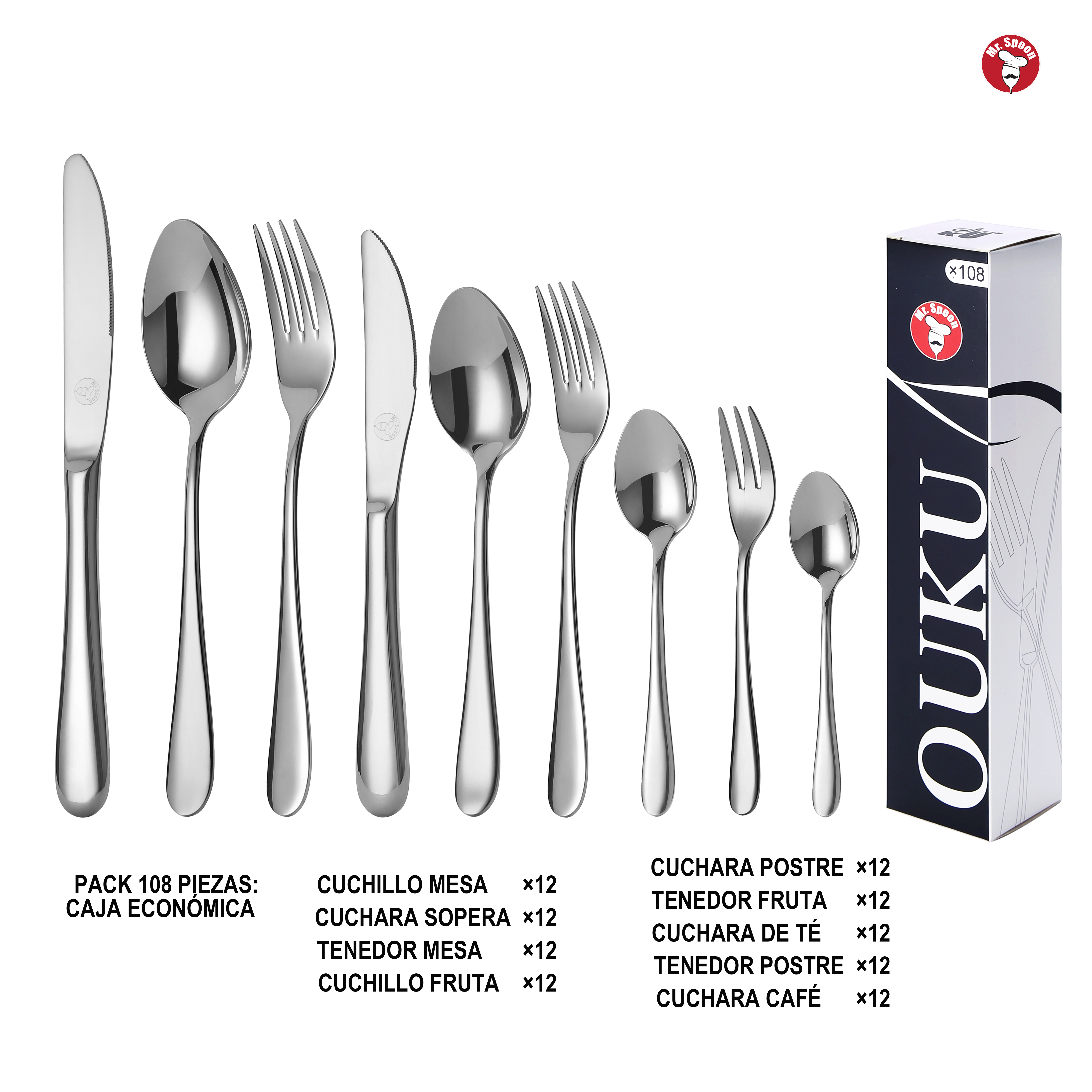Mr.Spoon Serie Luna Juego 96, 108 o 120 piezas cubiertos,Acero inoxidable 18/10,Plateado,Alta calidad y acabado,Incluye cuchillo carne o mesa,tenedor,cuchara,cucharilla,etc,Diseño moderno y elegante,Apto para lavavajillas,Ideal para Casa,Hotel,Restaurante