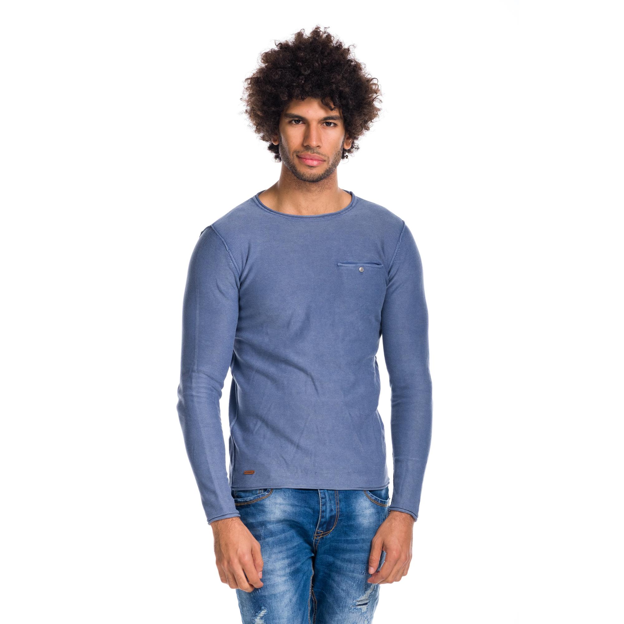 Koroshi - Jersey hombre punto fino cuello redondo con bolsillo funcional y botón metálico, 50% algodón + 50% viscosa, verde o índigo