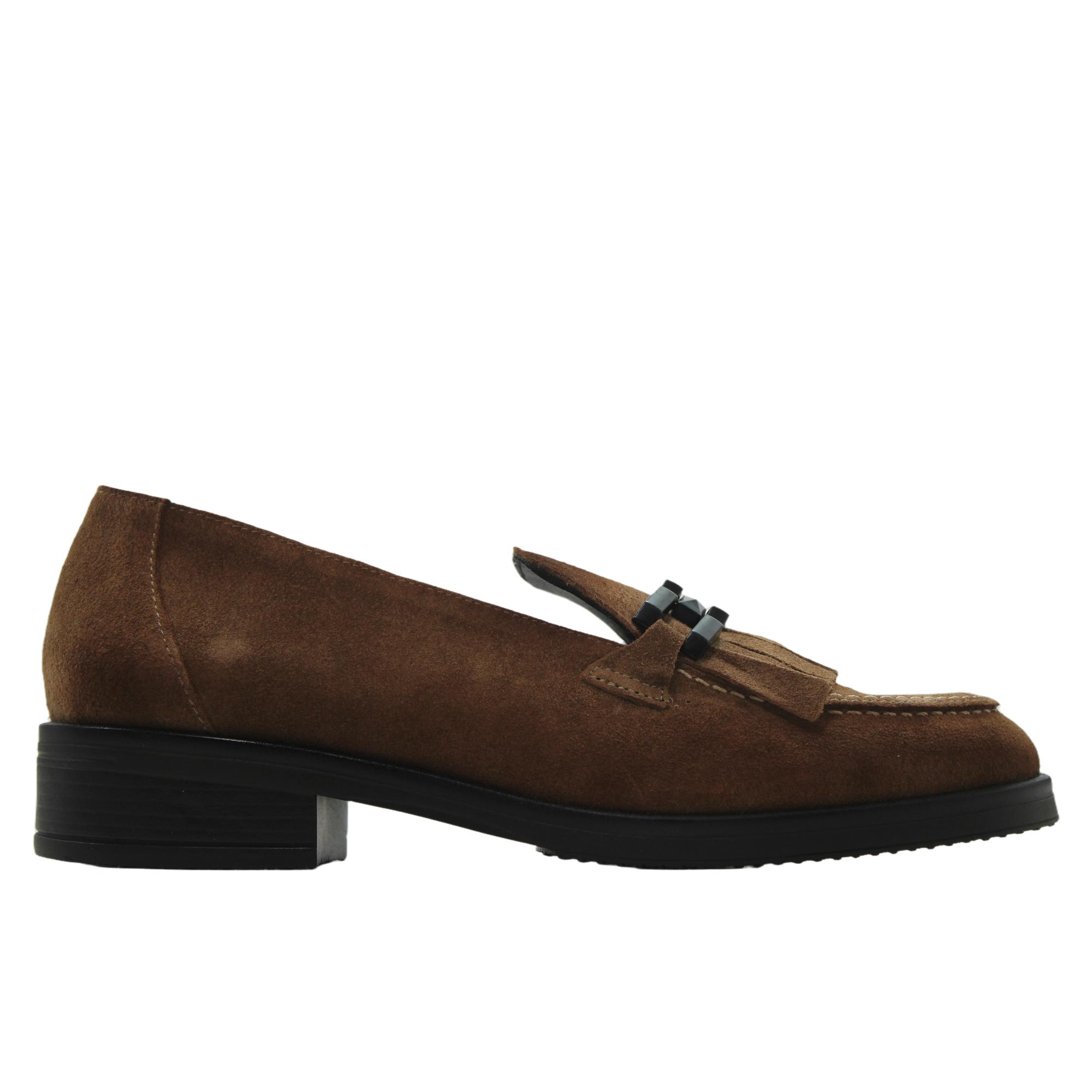 Viguera 8393 Mocasines de vestir de piel ante, flecos y eslabones, tacón bloque bajo, suela goma, para señora