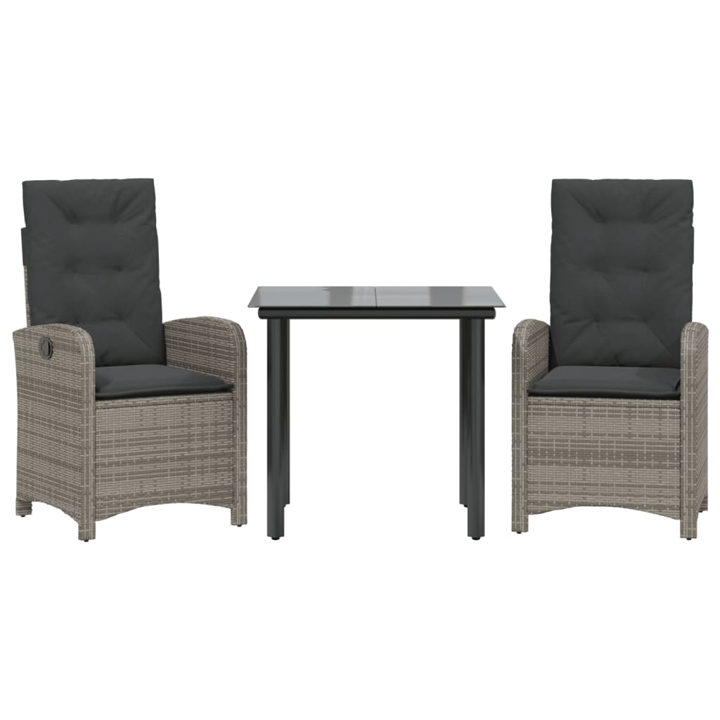 vidaXL Set comedor de jardín 3 piezas con cojines ratán sintético gris