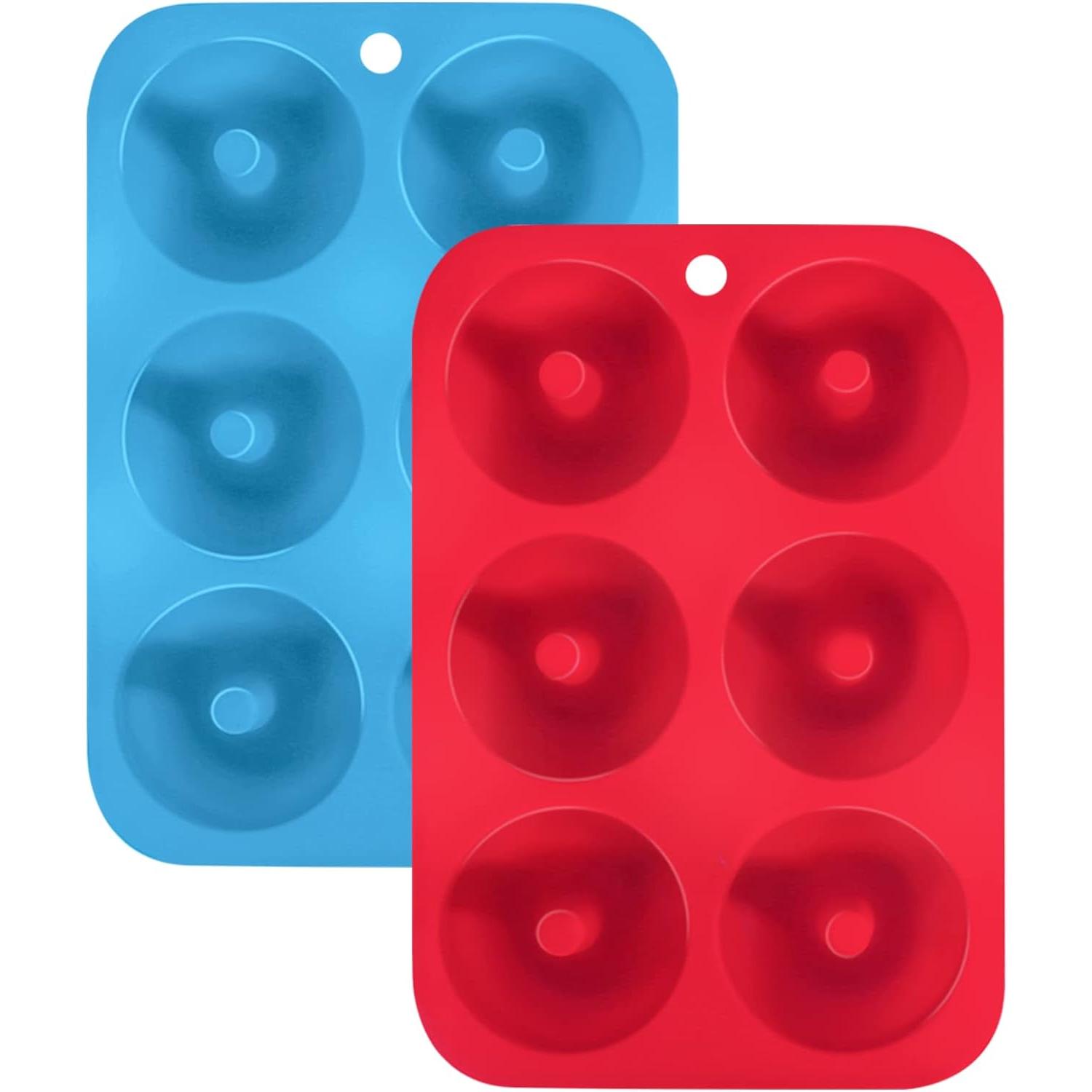 Moldes de Silicona para Donuts Antiadherentes (Pack de 2) - 6 Cavidades - Color Azul y Rojo
