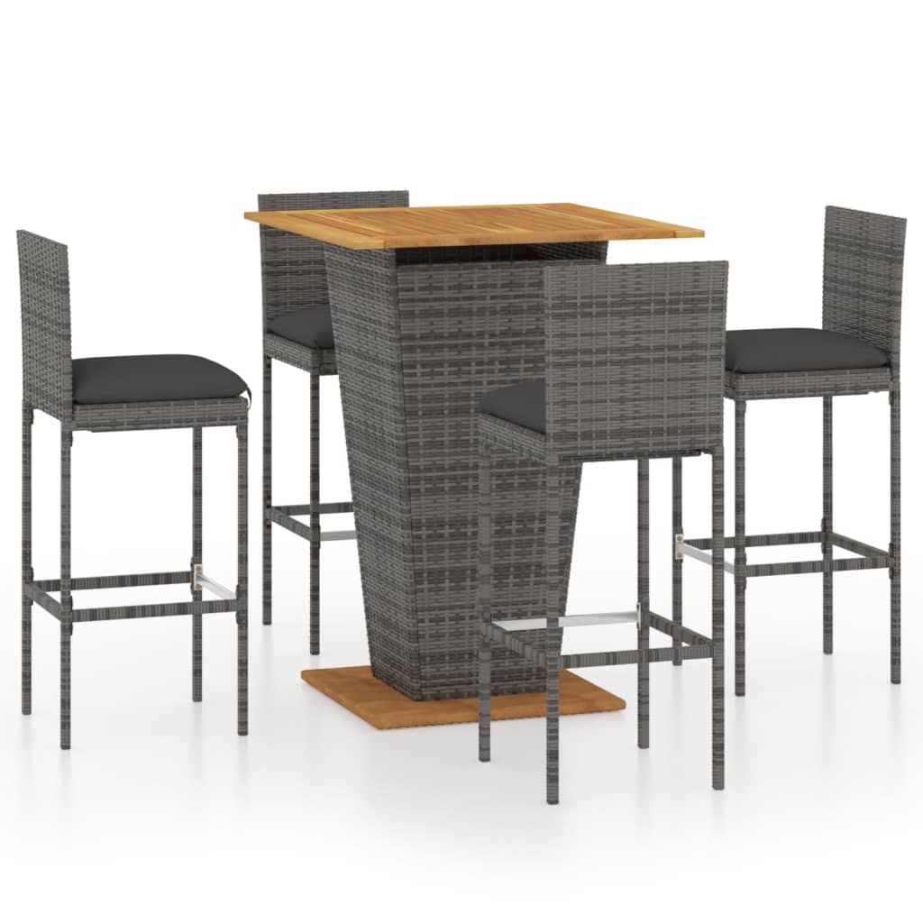 vidaXL Set de muebles de bar de jardín 5 pzas y cojines ratán PE gris