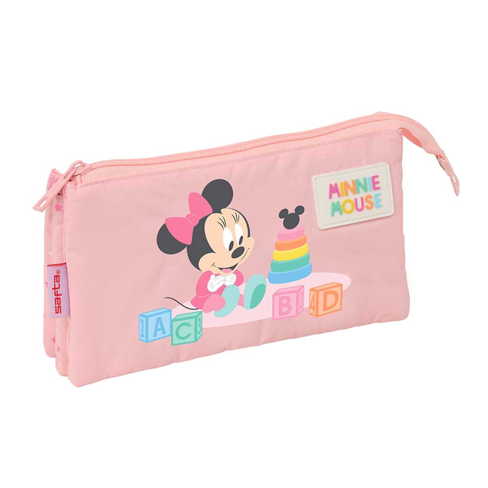 SAFTA | Portatodo Triple Disney Minnie Mouse Organizador Escolar Infantil 3 Compartimentos con Cremallera y Bolsillo Interior Central 22 x 12 x 3 Cm, Estuche para Lápices y Rotuladores, Licencia Oficial Disney