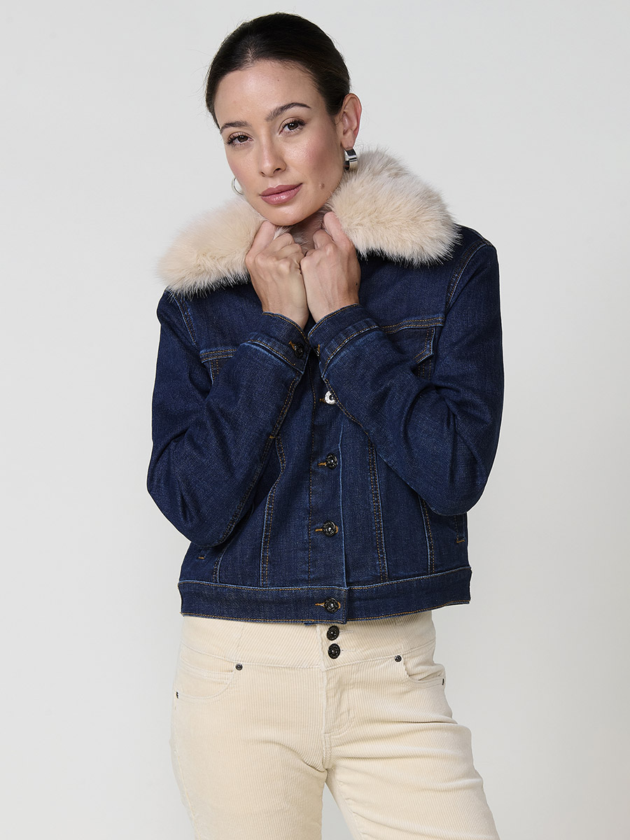 Koroshi - Chaqueta cazadora vaquera con forro de pelo sintético y cuello extraíble para mujer, azul oscuro denim
