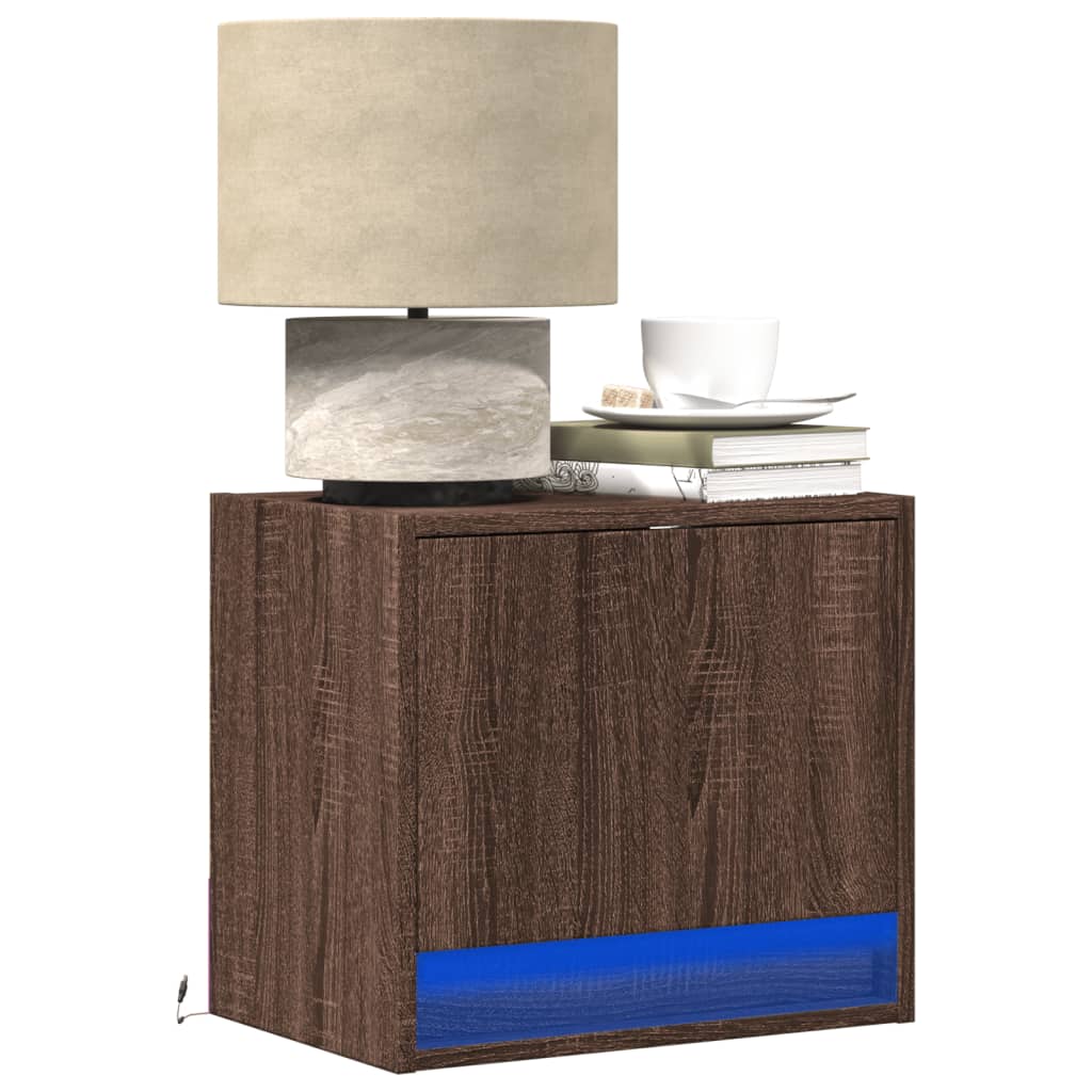 vidaXL Mesitas de noche de pared con luces LED 2 uds en color Roble ahumado/Negro/Gris sonoma y más | estructura resistente ideal para salón dormitorio o estudio