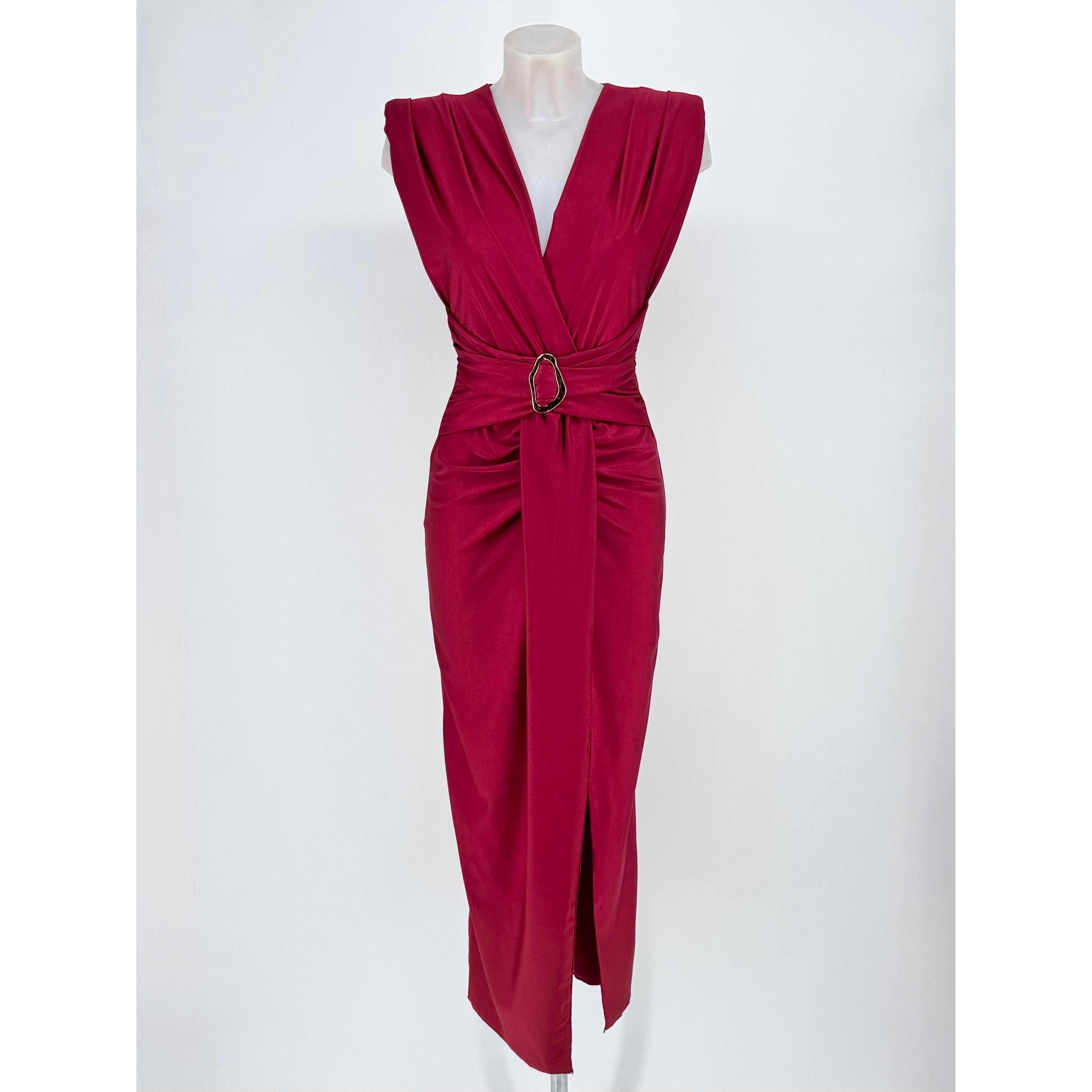 Vestido Midi de Fiesta con Escote en V, Fruncido en Cintura con Hebilla y Abertura Frontal | Elegancia y Confort para Eventos Especiales y Boda