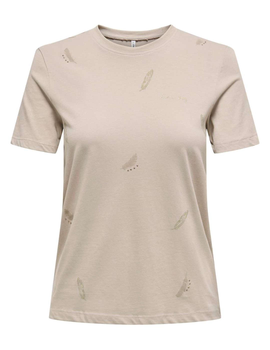 Camiseta Only Kita beige plumas manga corta para mujer