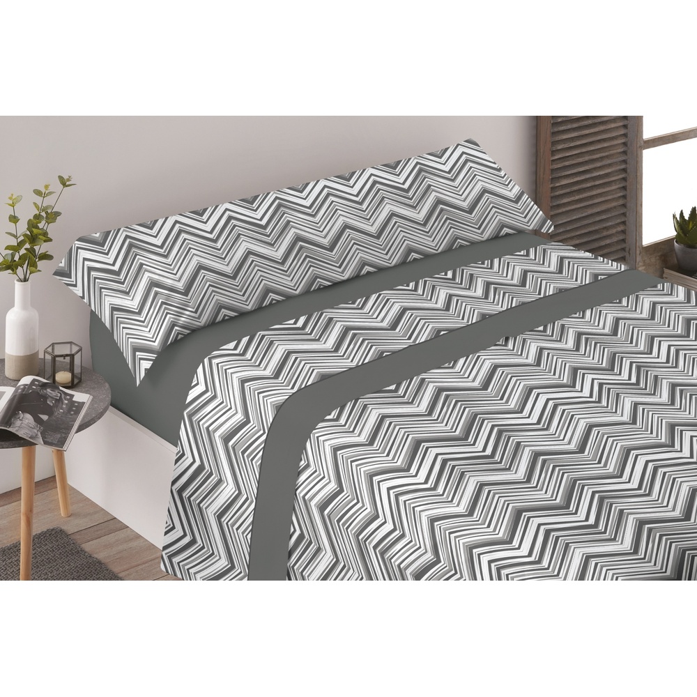 CARPE DIEM Juego de Sábanas ZIG ZAG Gris 100% Microfibra | Encimera + Bajera Ajustable + Funda de Almohada | Cama 90, 105, 135, 150 y 150 cm con 2 Almohadas
