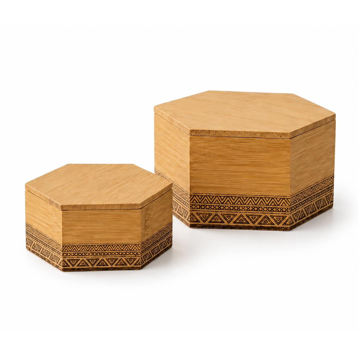 LIN HOME RS02172 Juego de 2 Mini Cajas Hexagonal de Bambú Natural para Alamcenamiento 14.5x12.5x7cm + 12.5x10.5x5cm- Cajas Pequeña para Joyas, Manualidades DIY, Decorar