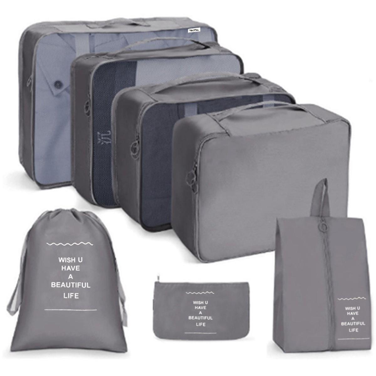 Een set van 7 opbergtassen in verschillende maten, een onmisbaar reisaccessoire, perfect voor het opbergen van koffers, kleding, ondergoed, schoenen en cosmetica. Verkrijgbaar in grijs.