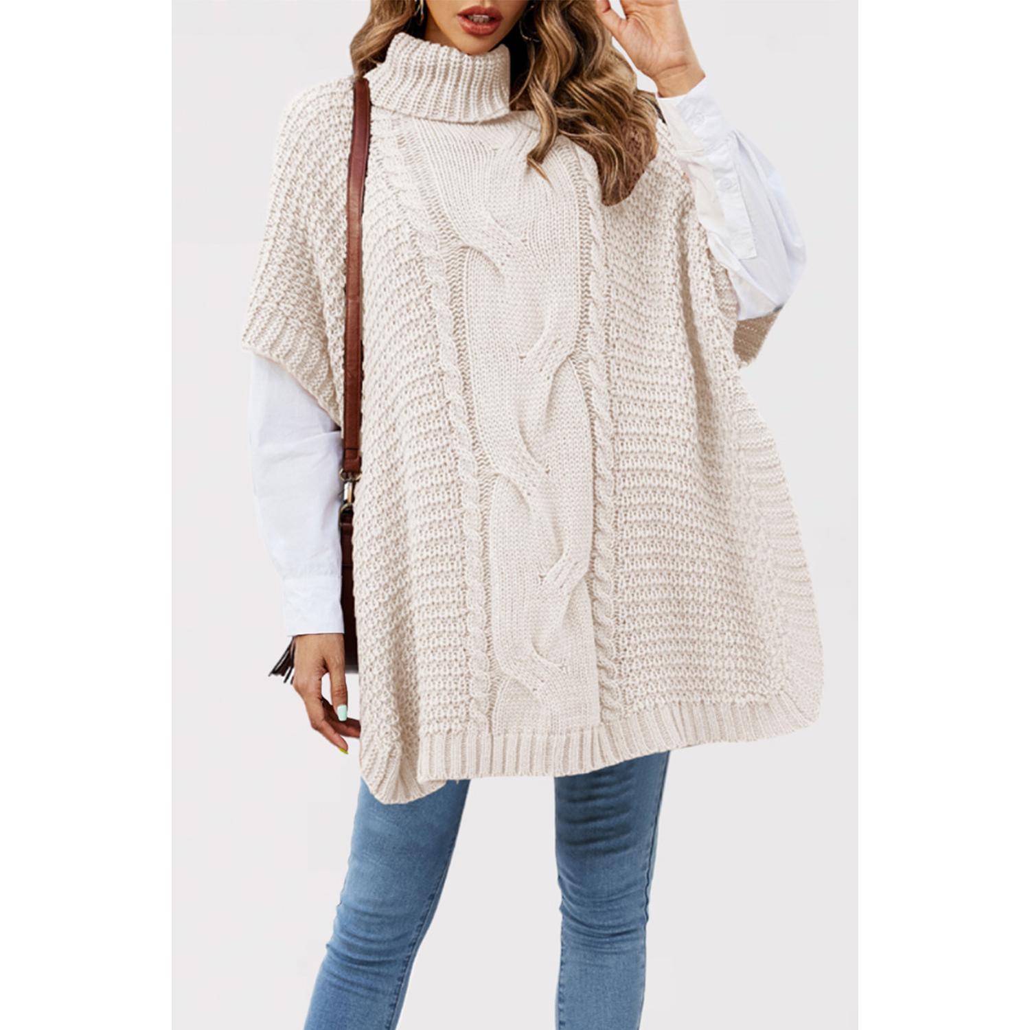 TK Chal de punto de cable con cuello alto para mujer, suéter holgado de manga corta, estilo otoño e invierno.