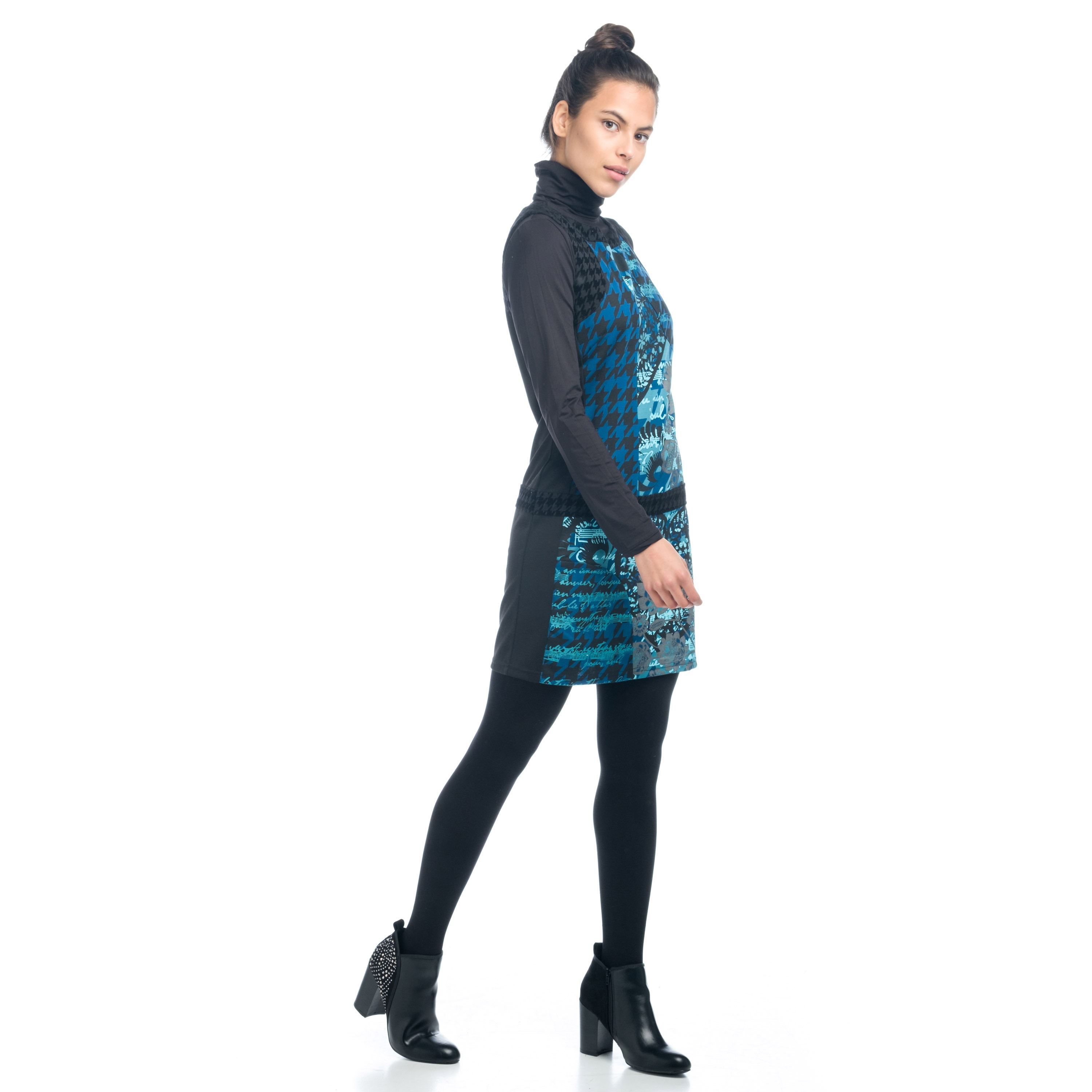 Koroshi - Vestido estampado patchwork sin mangas corte cadera para mujer, de poliéster y elastano, con motivos florales y pata de gallo en rojo o azul cobalto