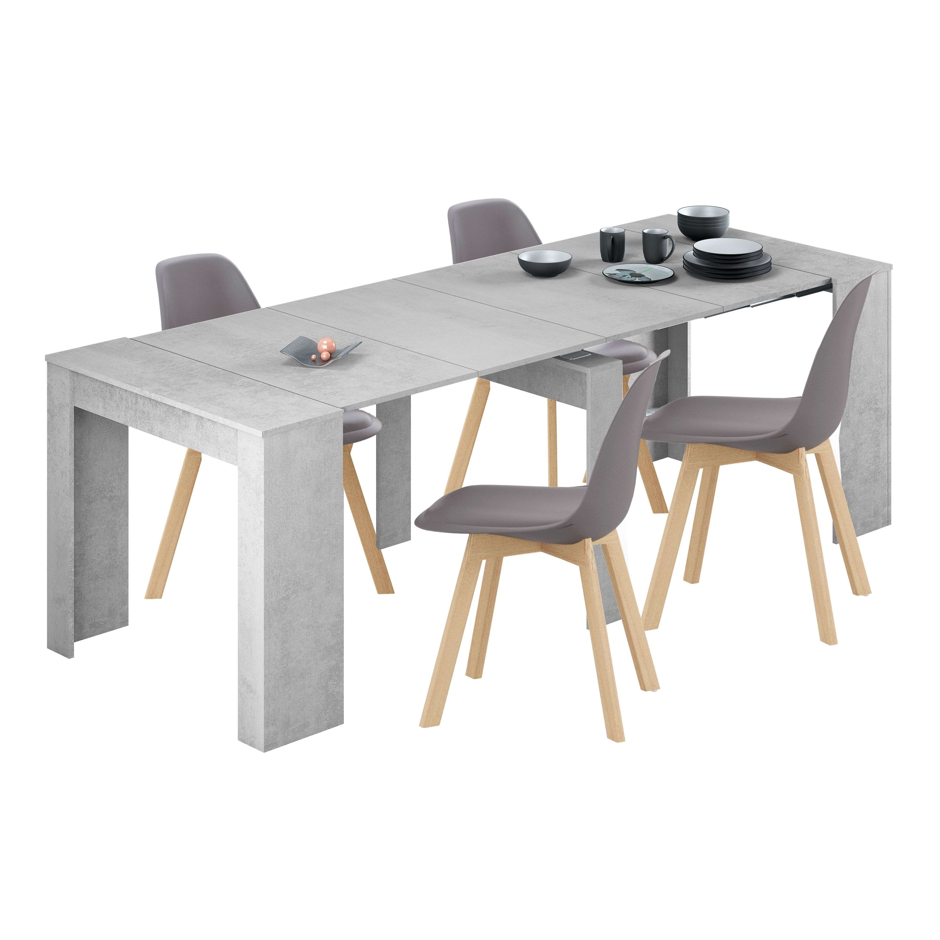 Miroytengo Conjunto de Mesa Extensible Multiposición con 4 Sillas en Color Gris Cemento y Roble Claro