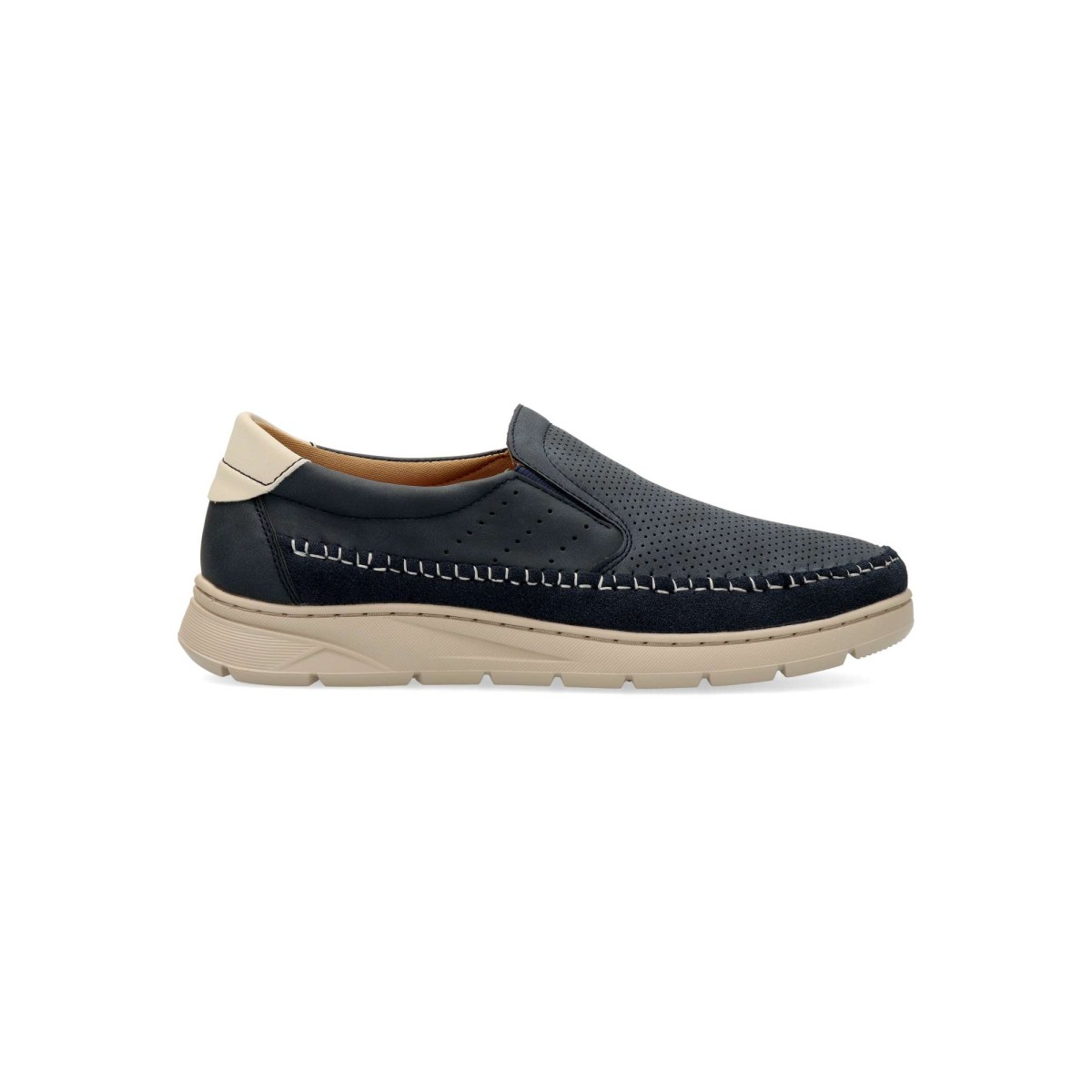 MAC - Mocasines hombre estilo casual con elásticos laterales, piel sintética troquelada y suela sport de goma ligera color marino