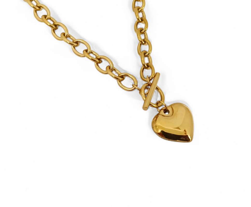 Collar largo cadena grueso con colgante corazon pulida acero inoxidable baño de oro 18K PVD waterproof