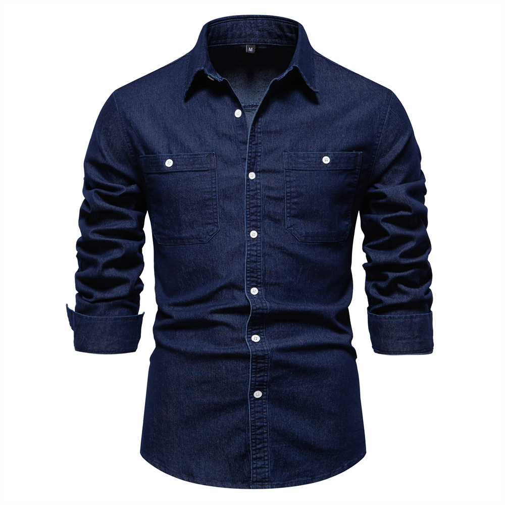 TK Camisa vaquera de manga larga para hombre, estilo otoño/invierno, sin arrugas, color liso informal.