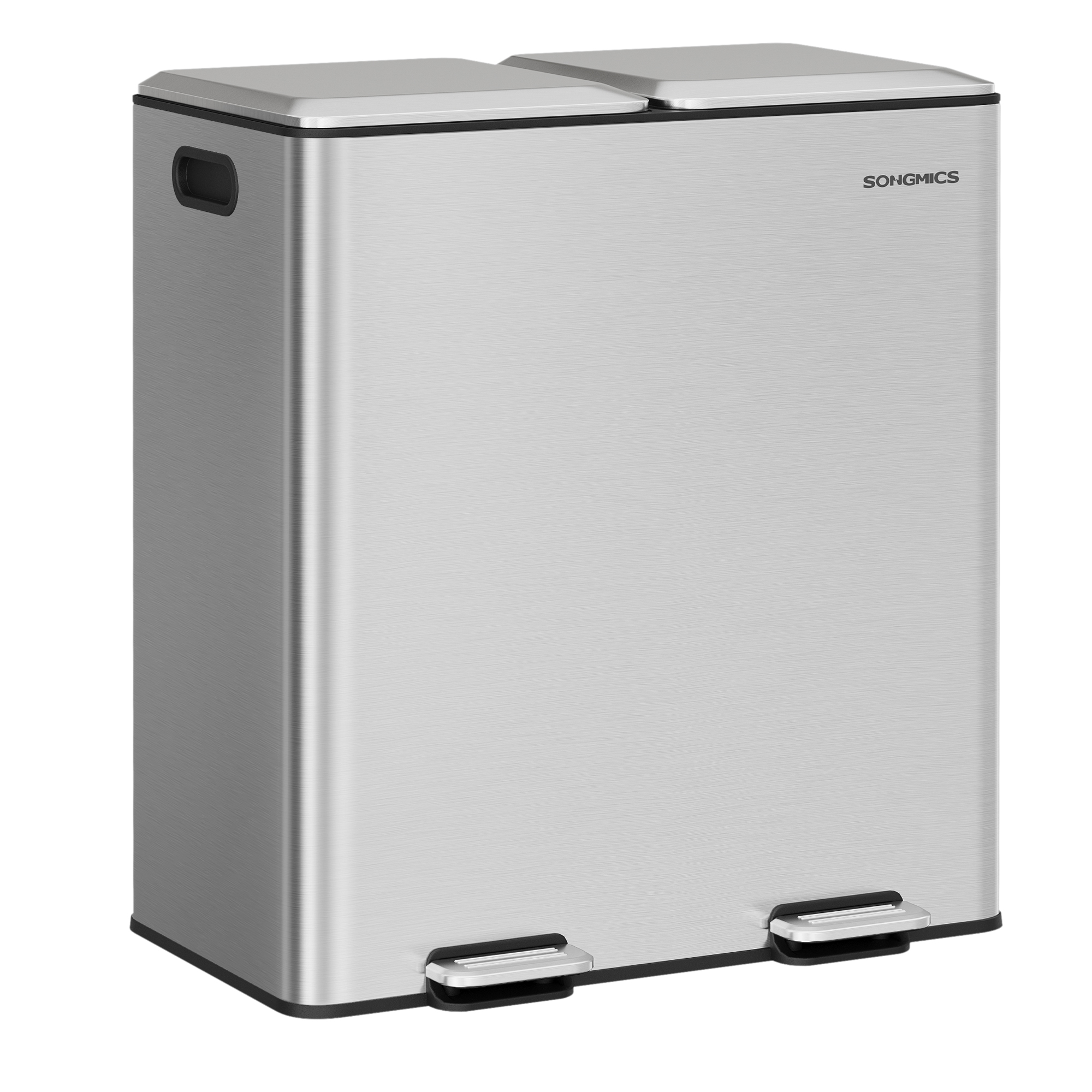 SONGMICS Cubo de Cocina, 2 x 30 L, Papelera Doble para Residuos y Reciclaje, con Tapas de Cierre Suave, Cubos Interiores Extraíbles, Pedales, Acero Inoxidable, Plata Metálico/Blanco Nube