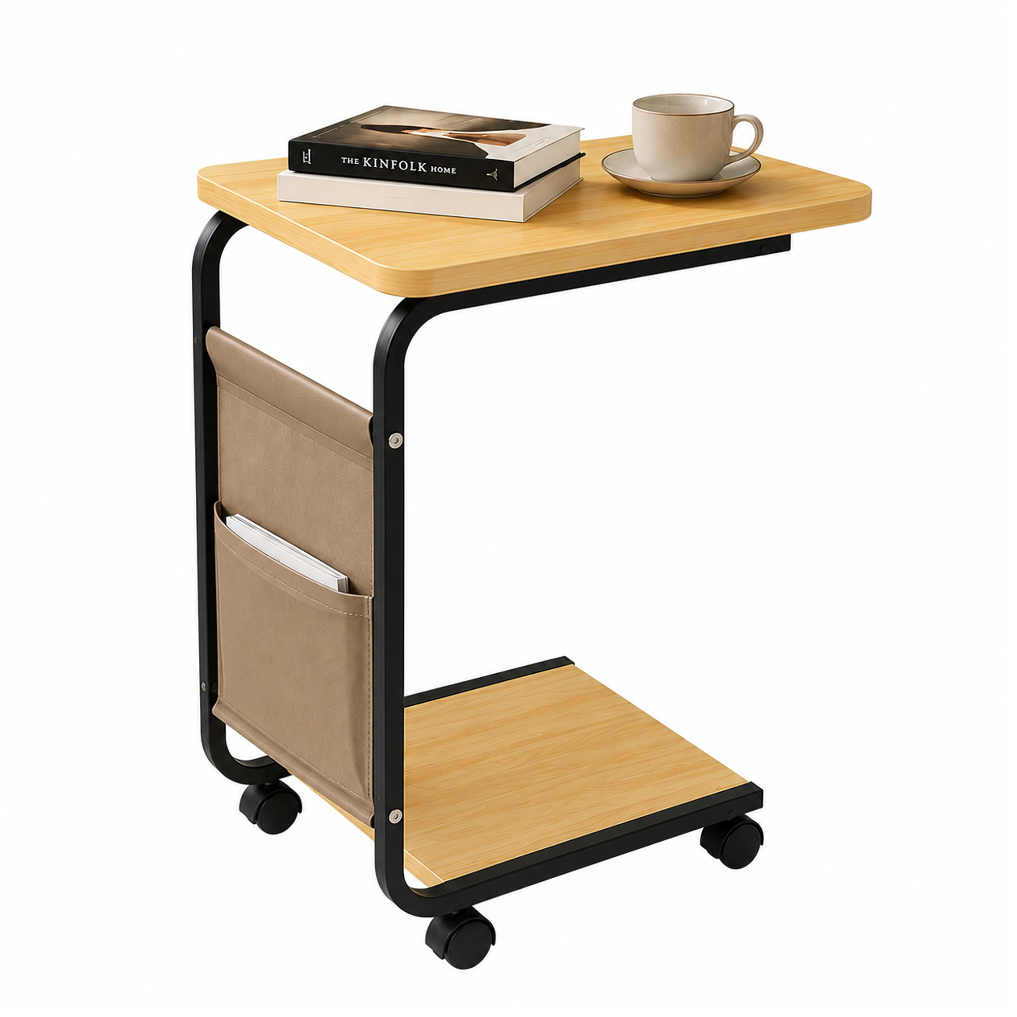 Mesa Auxiliar para Sofá y Cama 60x40x30cm Nyana Home | Diseño en C Deslizante | Ruedas con Freno | Bolsillo Portaobjetos | Balda Inferior