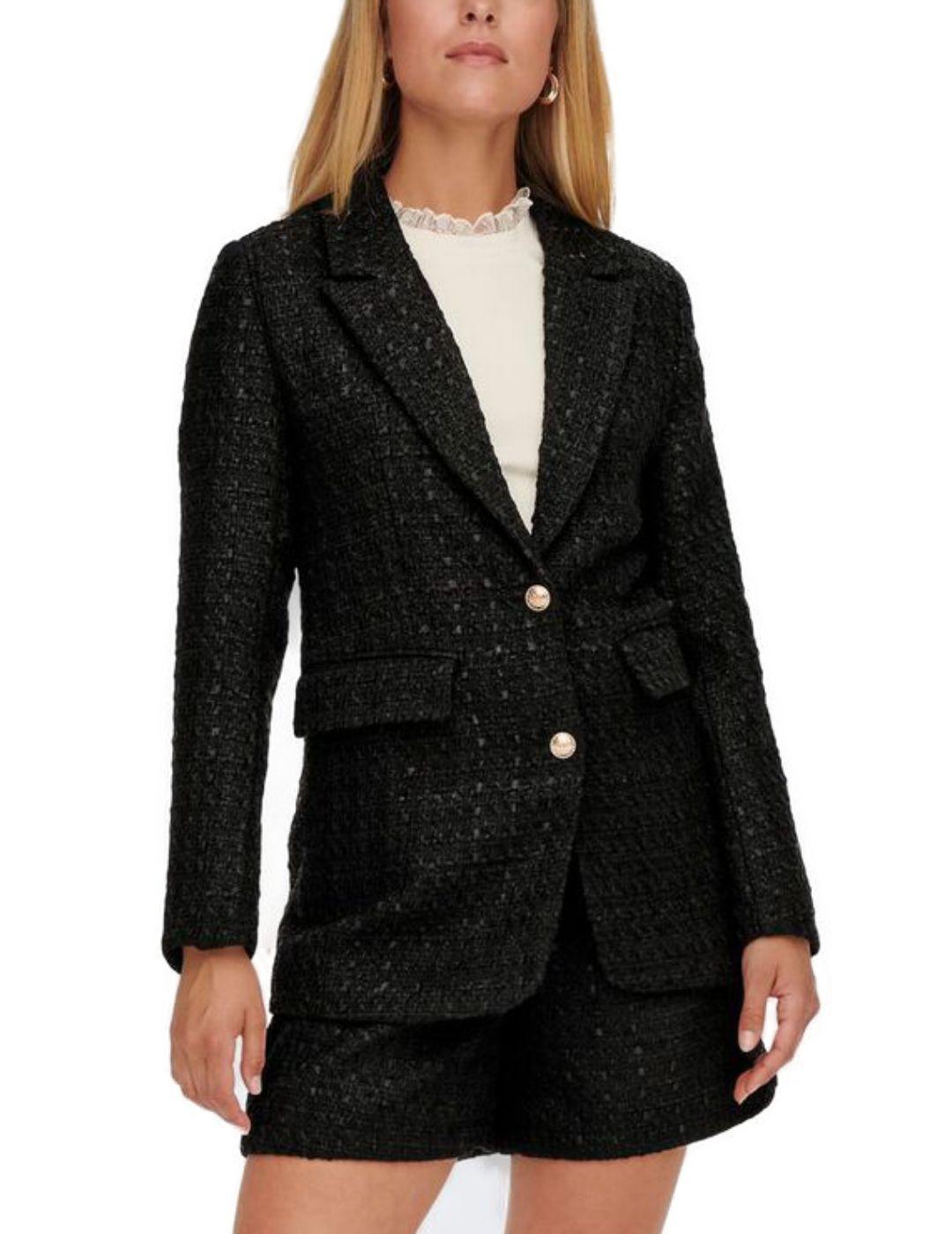Blazer Only Kennedy Negro Entallado Texturizado con Cierre Dorado y Bolsillos con Solapa para Mujer