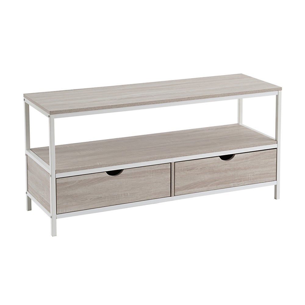 Mueble de TV de acero y tablero blanco y natural de 120x39x57 cm Diseño industrial con 2 cajones para un salón organizado. Superficie amplia y almacenaje discreto para tus dispositivos. CasaSelección