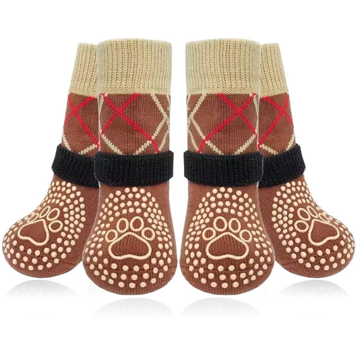Hondenschoenen，Set van 2 antislip hondensokken, voorkomt dat de hond aan zijn poten likt, geschikt voor hardhouten vloeren, antislip bescherming voor voeten en poten, bruin, maat L