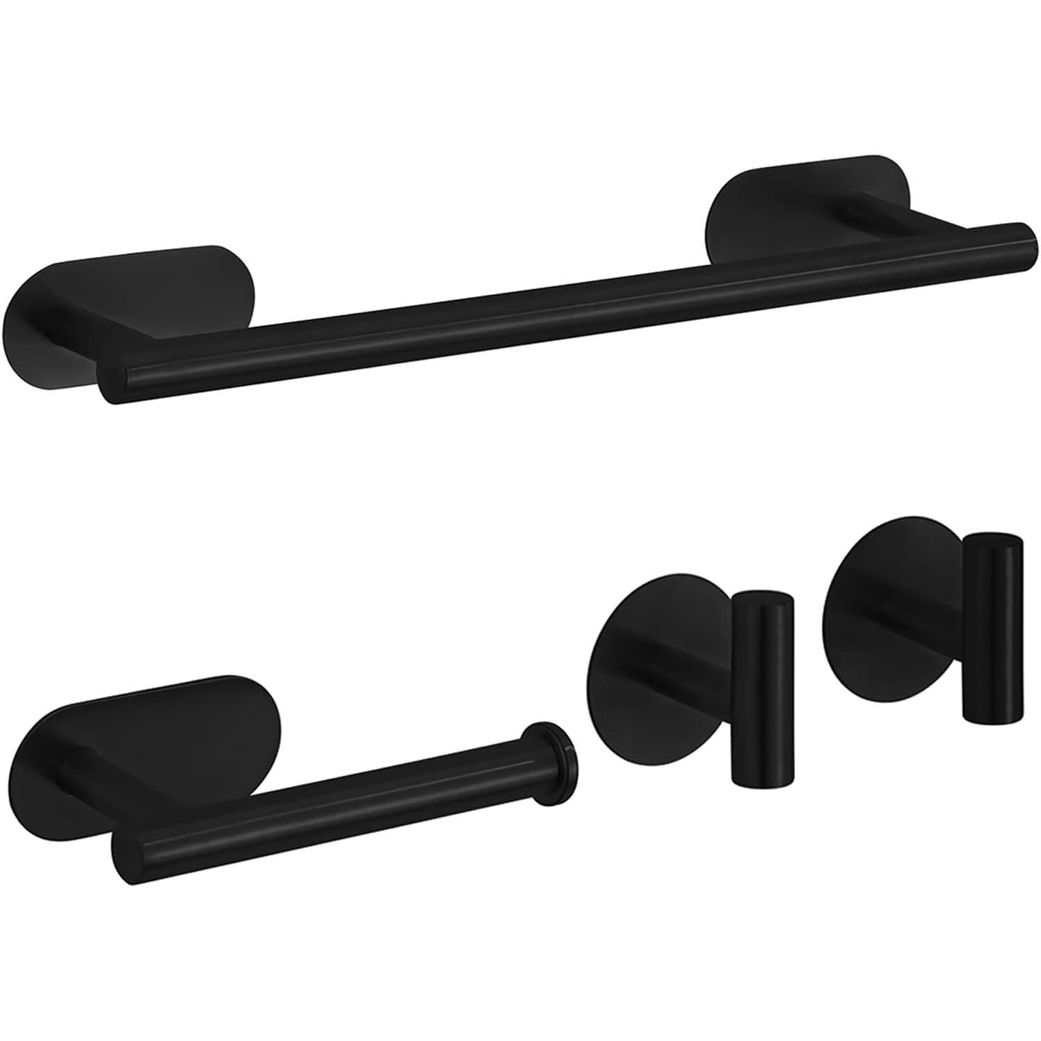 Juego de Accesorios de baño de 4 Piezas sin taladrar Acero Inoxidable Negro Barra de Toalla de 16 Pulgadas Soporte para Papel higiénico 2 Ganchos para Batas